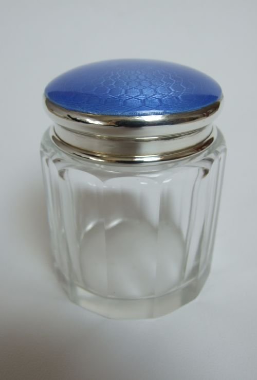 A Superb Silver and Guilloche Enamel Lidded Vanity Jar.