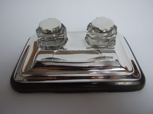 A Fine Silver Double Inkwell Desk Set.