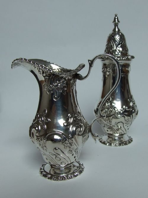 A Stunning Edwardian Silver Cream Jug and Sugar Sifter in the Original Fitted Box.