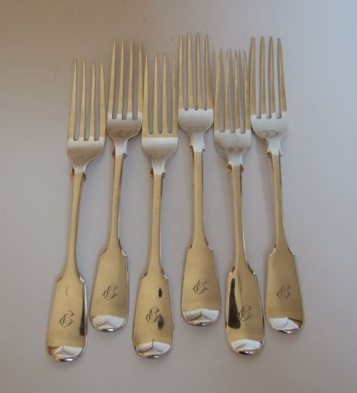 Excellent Set of Six Victorian Fiddle Pattern Silver Dessert Forks.