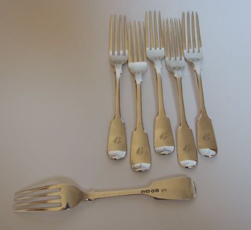 fig 1. Excellent set of six Victorian fiddle pattern silver dessert forks.