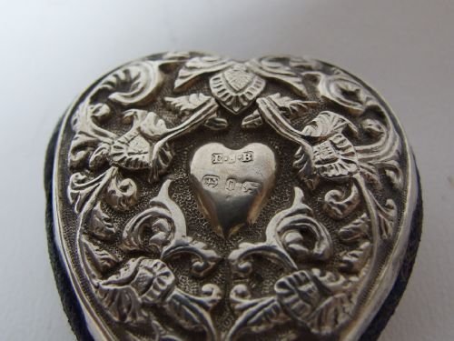 fig 1. A rare Victorian silver heart shaped pincushion.