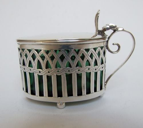 A Stunning Edwardian Pierced Oval Mustard Pot with Rare Green Liner.