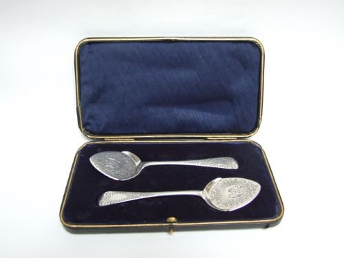A Rare Pair of Boxed Victorian Silver Bird Engraved Preserve Spoons.