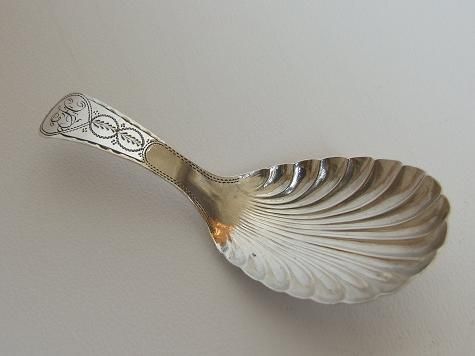 A Gorgeous Georgian Silver Caddy Spoon with Bright Cut Decoration.