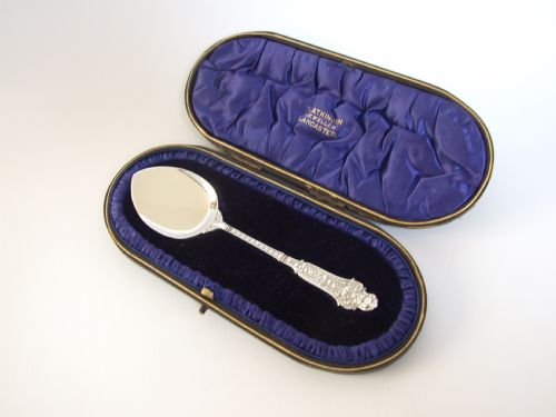 A Fabulous Cased Silver Preserve Spoon.