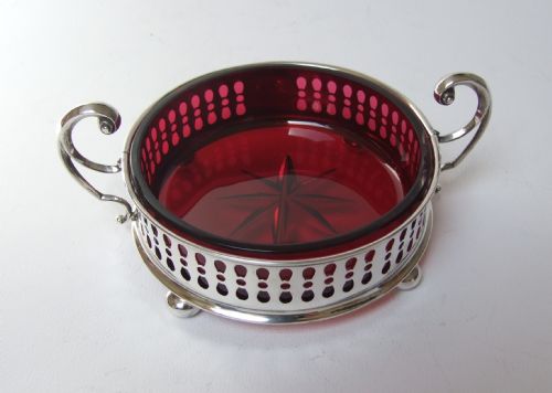 A Gorgeous Edwardian Pierced Silver and Cranberry Dish.