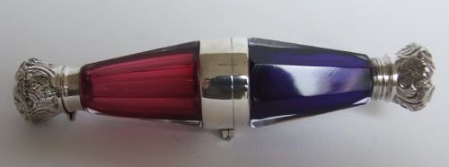 fig 1. An extremely rare Victorian silver mounted 'opera glass' bi-colour perfume/salts bottle.