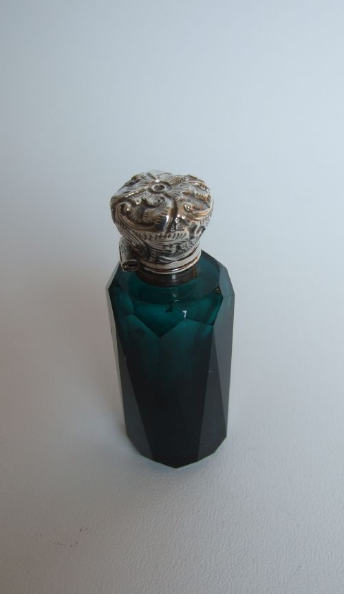 fig 1. A lovely Victorian Bristol green silver mounted scent bottle.