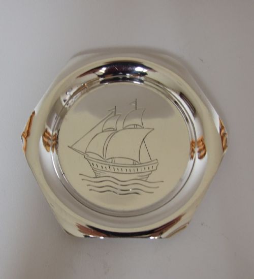 An Unusual Silver Trinket Dish Engraved with a Sailing Ship.