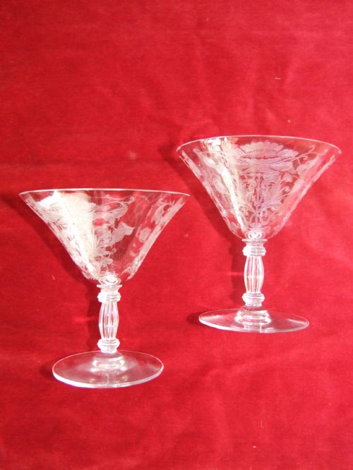 A Lovely Pair of Art Nouveau Etched Cocktail Glasses.