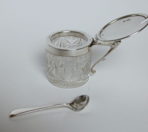 fig 1. An unusual Edwardian silver mounted mustard pot and spoon.