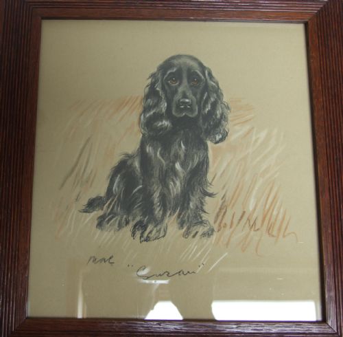 fig 1. A lovely vintage print of a black Spaniel 'Susan' in Oak frame.
