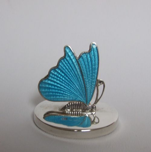 A Stunning Silver and Guilloche Enamel Butterfly Menu/card Holder.