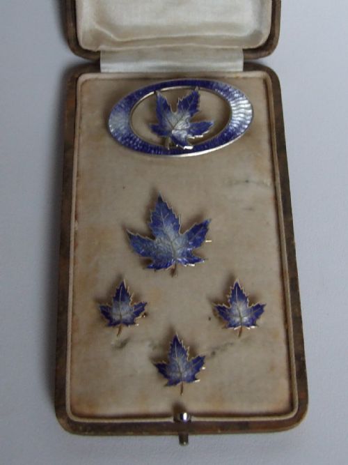 A Rare Silver & Guilloche Enamel Boxed Brooch Set.