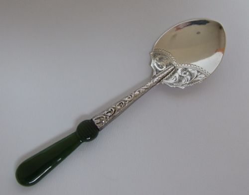 A Gorgeous Silver and Imperial Jade Preserve Spoon.