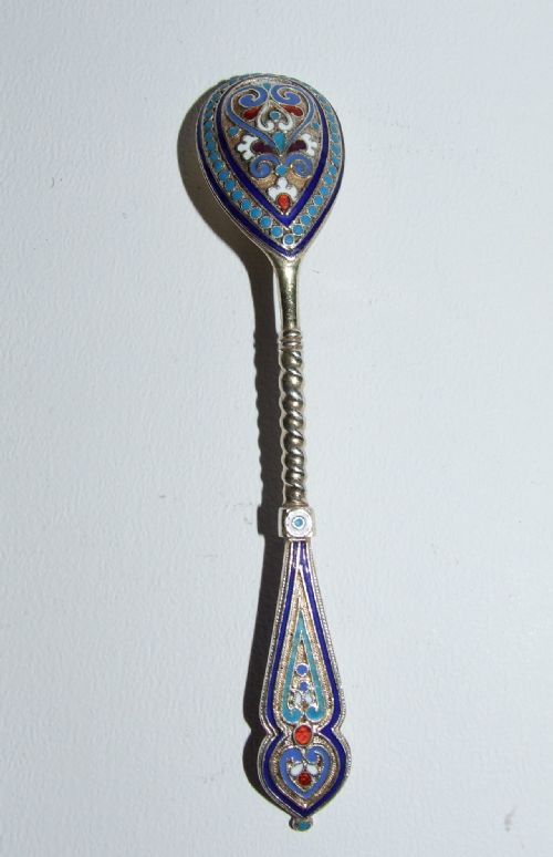 A Lovely Russian Silver and Enamel Lemon Spoon.