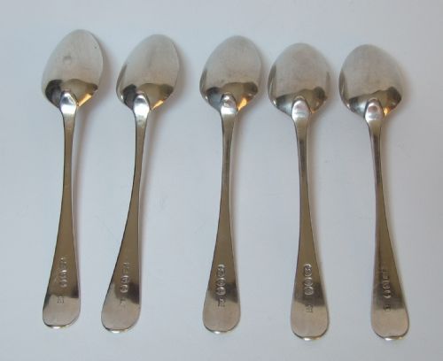 fig 1. An extremely rare set of 5 silver Peter & Jonathan Bateman teaspoons.