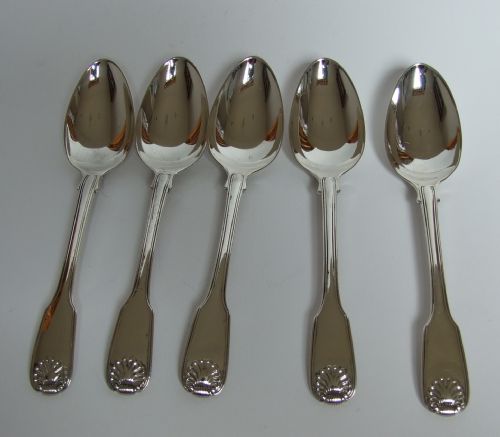 Rare Set of Five Silver Fiddle, Thread & Shell Dessert Spoons.
