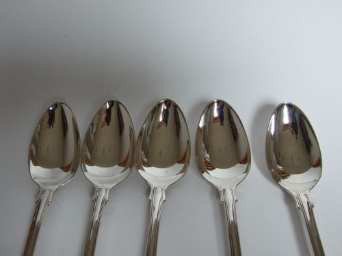 fig 1. Rare set of five silver fiddle, thread & shell dessert spoons.