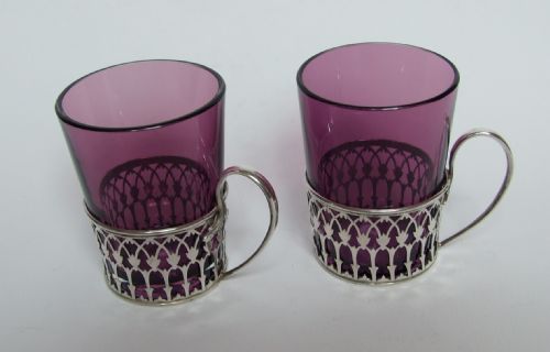 A Gorgeous Pair of Silver & Amethyst Glass Tot Cups.
