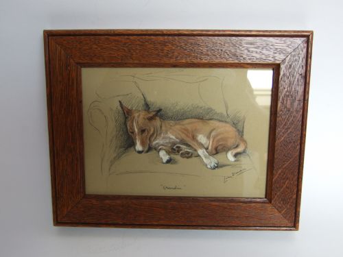 A Charming Vintage Lucy Dawson Print of a Bull Terrier in a Handsome Oak Frame.