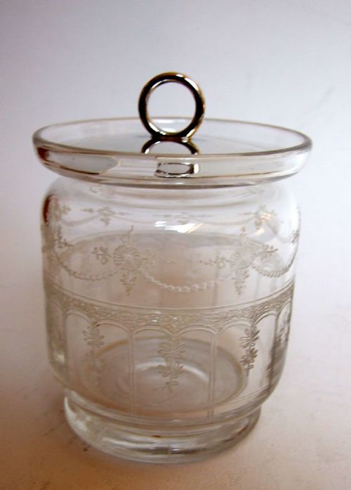 A Charming Small Silver & Glass Etched Preserve Jar.