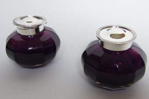 A Stunning Pair of Silver & Amethyst Glass Inkwells.