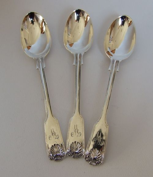 Three Fiddle, Thread & Shell Victorian Silver Teaspoons.
