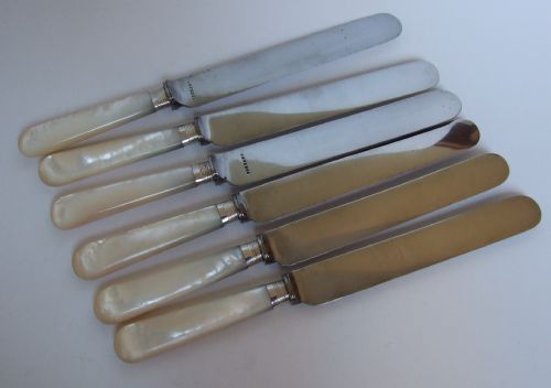 Six Gorgeous Silver & Mother of Pearl Dinner Knives.