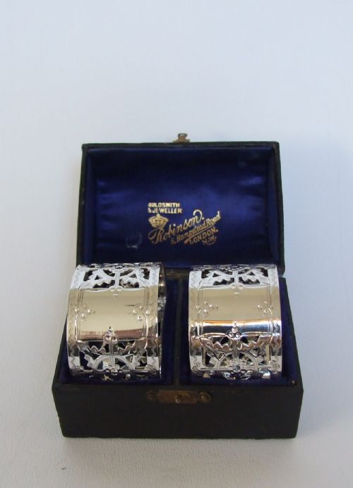 A Gorgeous Pair of Victorian Pierced Silver Napkin Rings in the Original Box.