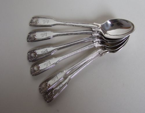 A Charming Set of Six Silver Egg Spoons in Fiddle, Thread & Shell Pattern.