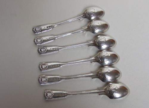 fig 1. A charming set of six silver egg spoons in fiddle, thread & shell pattern.
