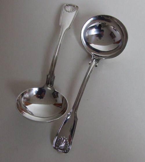 A Superb Pair of Silver Gravy/sauce Ladles in Fiddle, Thread & Shell Pattern.
