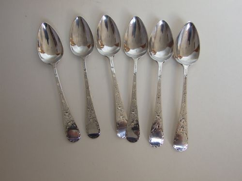 Six Eighteenth Century Bright Cut Silver Teaspoons.