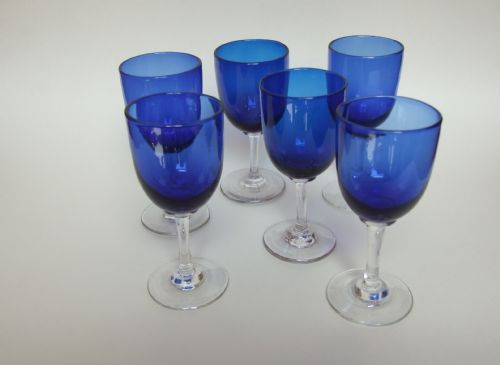 A Splendid Set of Six Victorian Bristol Blue Wine Glasses.