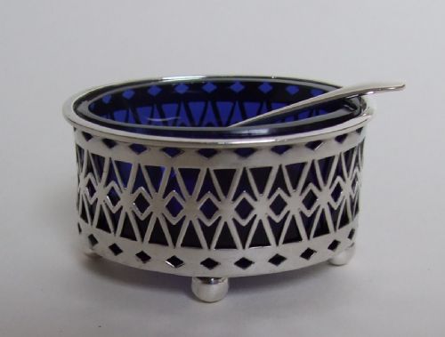 A Lovely Victorian Pierced Silver Salt Tub and Spoon.