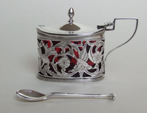 A Superb Edwardian Silver & Cranberry Mustard Pot with Spoon.