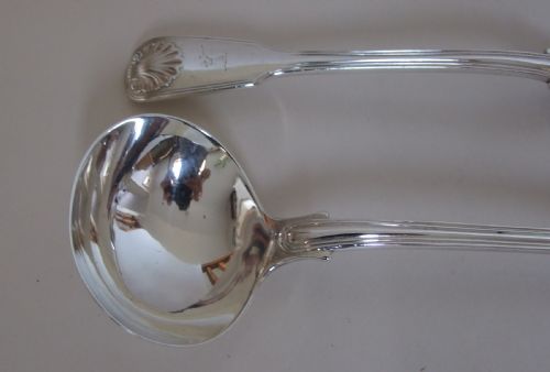 fig 1. A fabulous pair of Victorian silver gravy/sauce ladles in fiddle, thread & shell pattern.