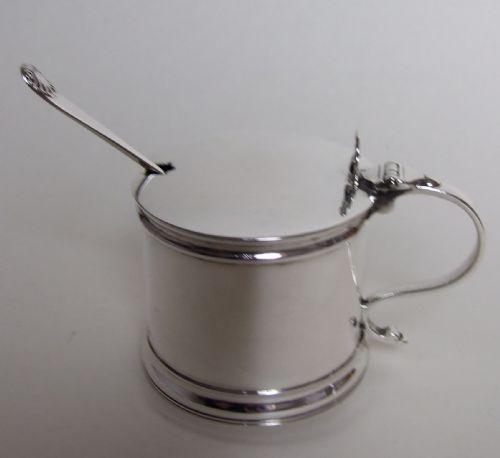 A Large Silver Drum Mustard and Matching Spoon.
