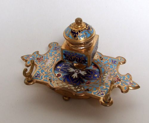 A Stunning 19th Century Champleve French Enamel Inkwell.