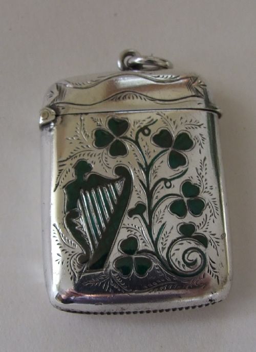 A Fabulous Silver and Enamel Edwardian Vesta with Harp and Shamrocks.
