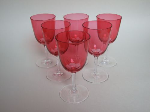 A Gorgeous Set of Six Victorian Cranberry Wine Glasses.
