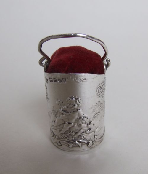 fig 1. A rare novelty silver coal scuttle pincushion.