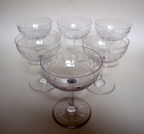 Six Etched Edwardian Champagne Bowls.