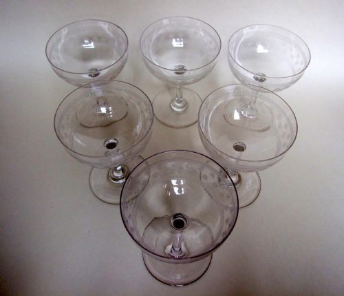 fig 1. Six etched Edwardian champagne bowls.
