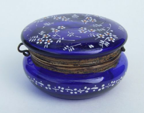 A Charming Bristol Blue Glass Trinket Pot with Enamel Decoration.