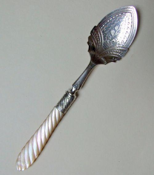 A Superb Victorian Silver and Mother-of-pearl Preserve Spoon.