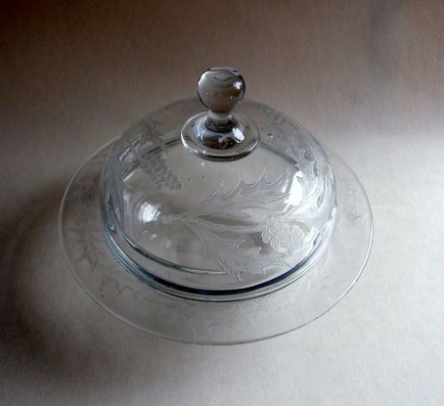A  Victorian Etched Lidded Dish with Holly and Berries.