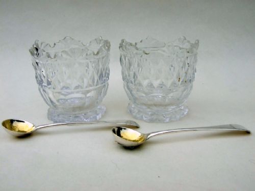 A Handsome Pair of Cut Glass Regency Condiment Tubs and Silver Spoons.
